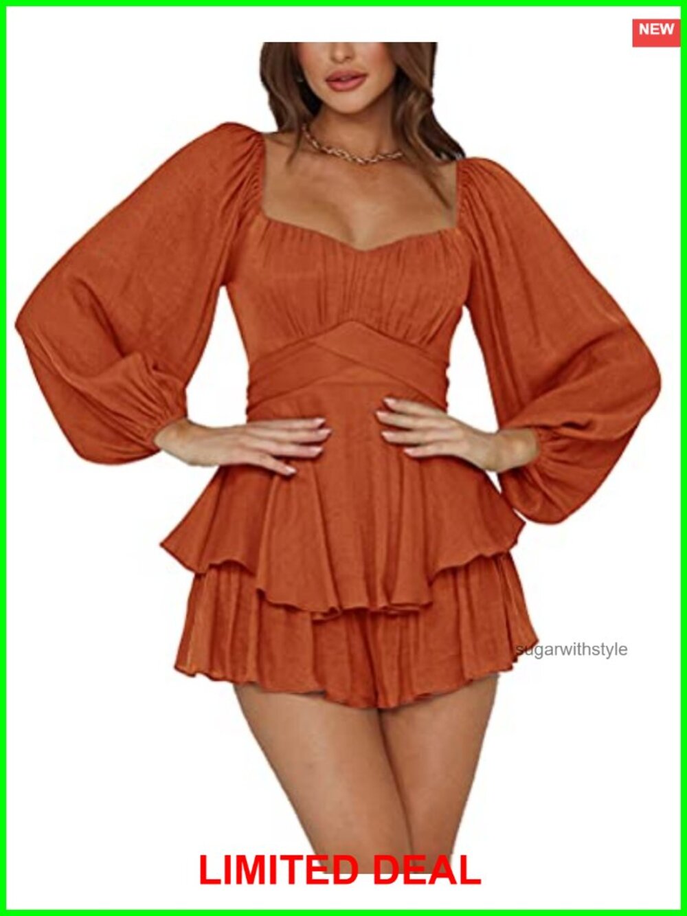 Lantern Long Sleeve Jumpsuit Tie Waist Ruffle Hem Romper